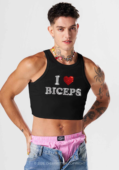 Rhinestone I Love Biceps Y2K Crop Tank Top Cherrykitten
