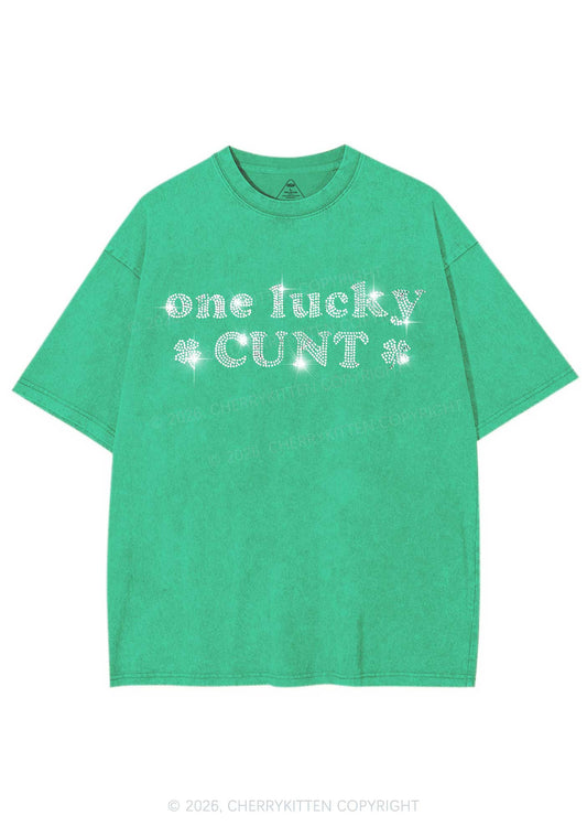 Rhinestone One Lucky Cxxt St Patricks Y2K Shirts Washed Tee Cherrykitten