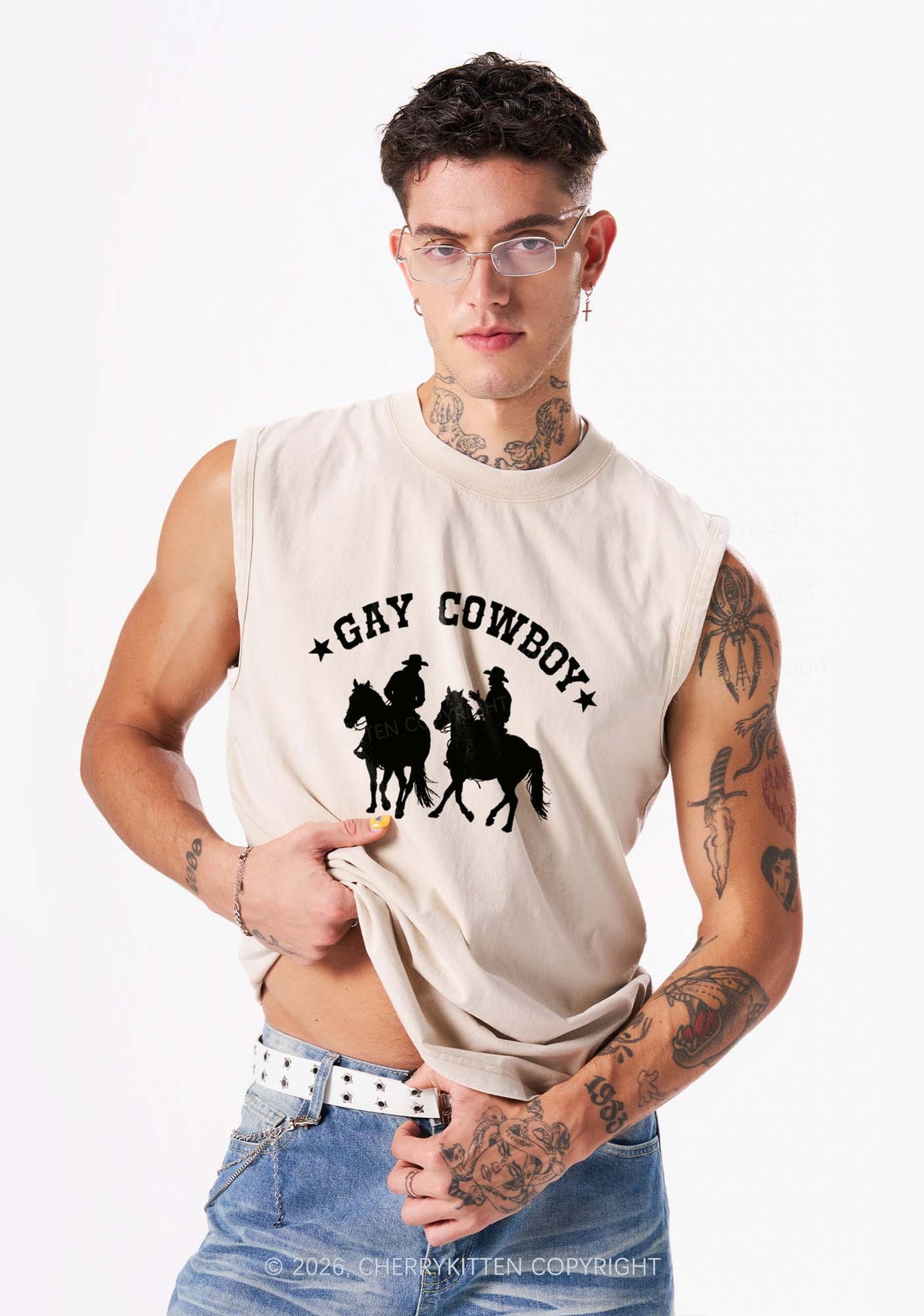 Gay Cowboy Pride Y2K Washed Muscle Tank Cherrykitten