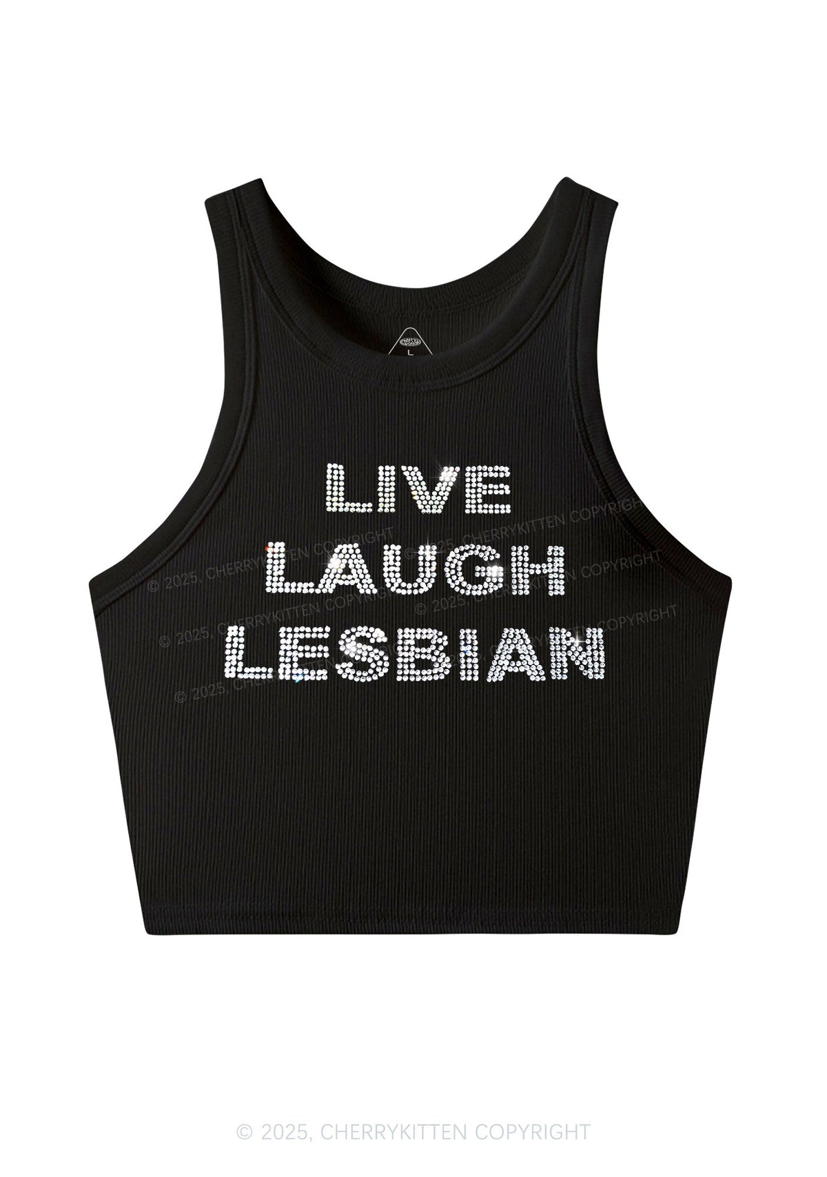 Rhinestone Live Laugh Lesbian Pride Y2K Crop Tank Top Cherrykitten