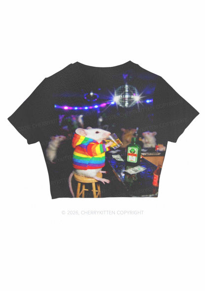 Rainbow Hoodie Rat Drinking Pride Y2K Mesh Crop Top Cherrykitten