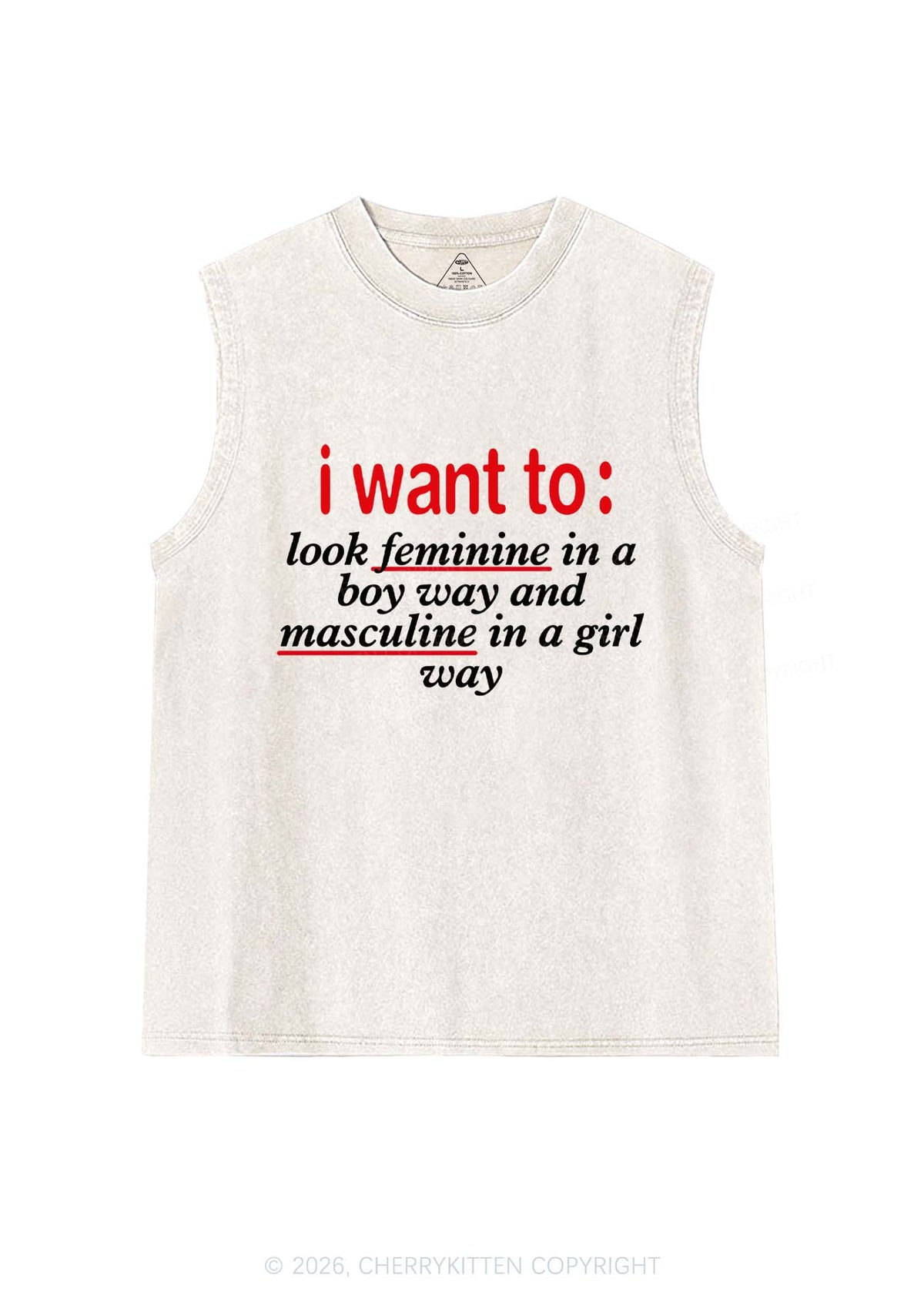 I Want To Feminine Masculine Pride Y2K Washed Muscle Tank Cherrykitten