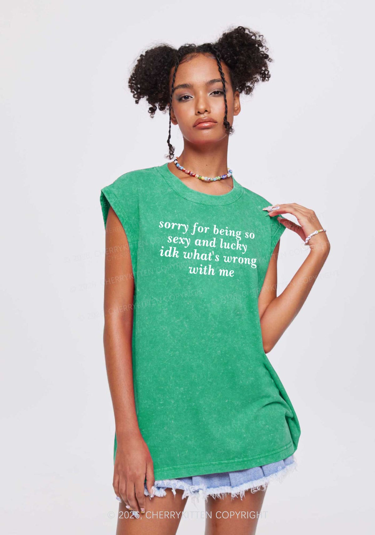 Sorry For Being So Lucky St Patricks Y2K Washed Tank Cherrykitten