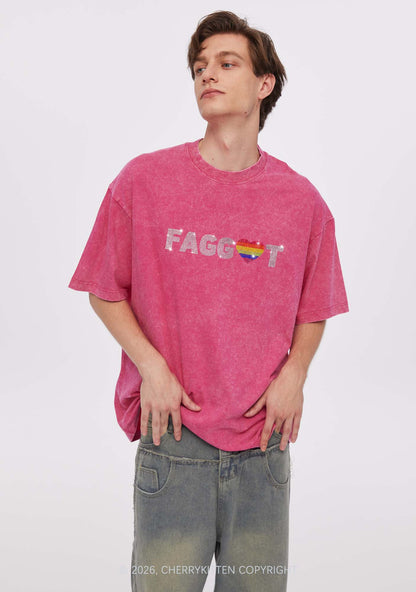 Rhinestone Rainbow Heart Faggot Pride Y2K Shirts Washed Tee Cherrykitten