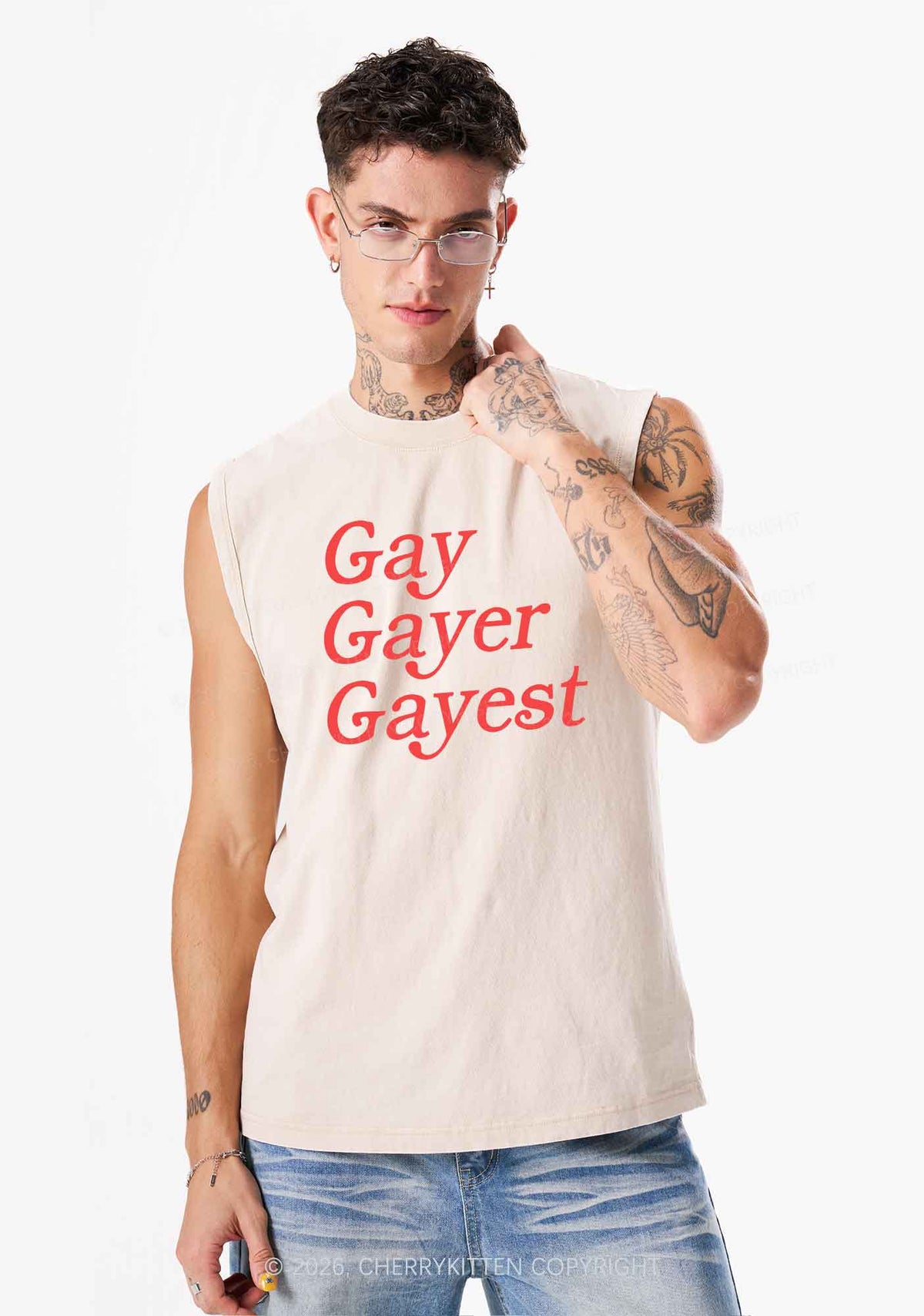 Gay Gayer Gayest Pride Y2K Washed Muscle Tank Cherrykitten