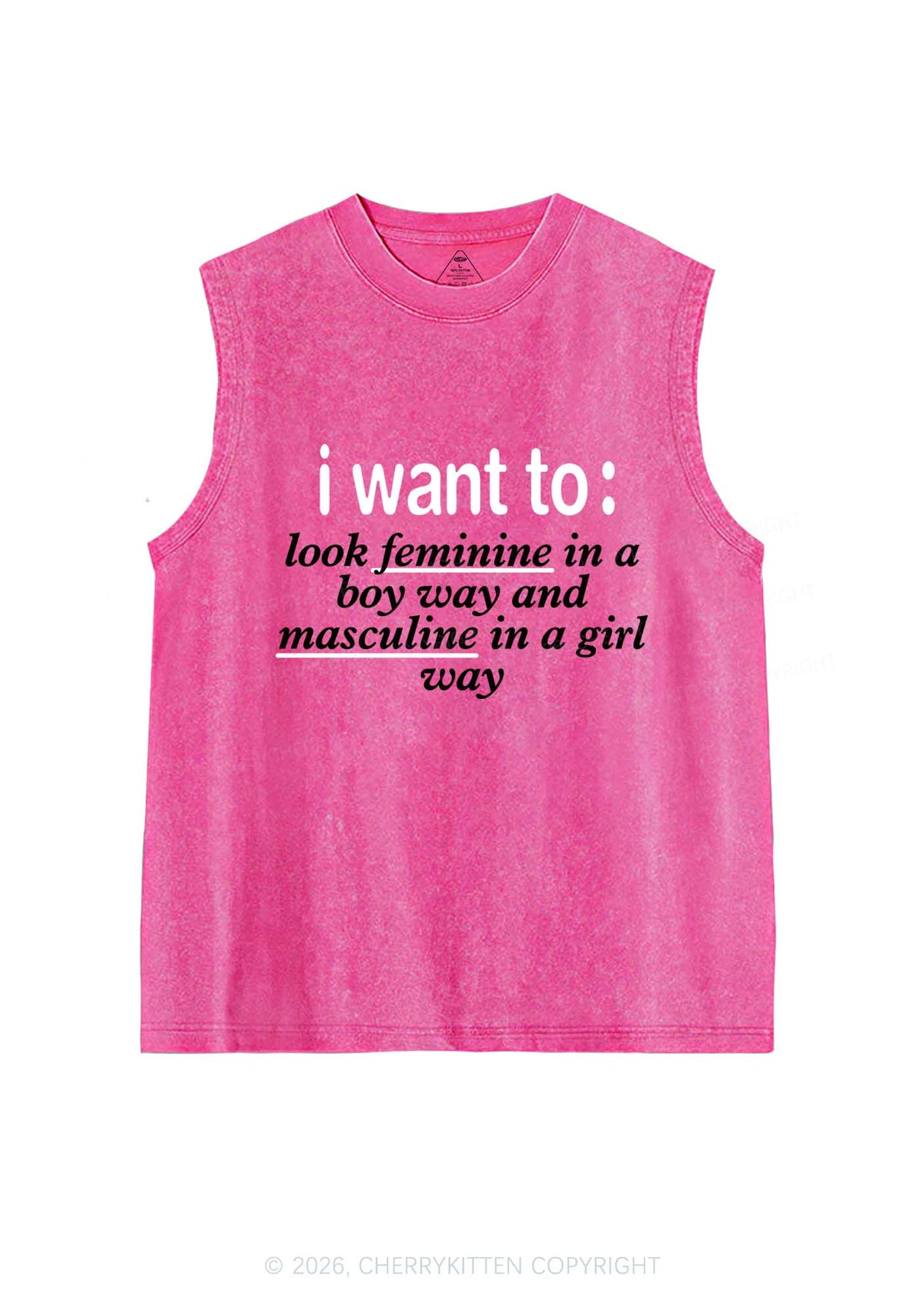 I Want To Feminine Masculine Pride Y2K Washed Muscle Tank Cherrykitten