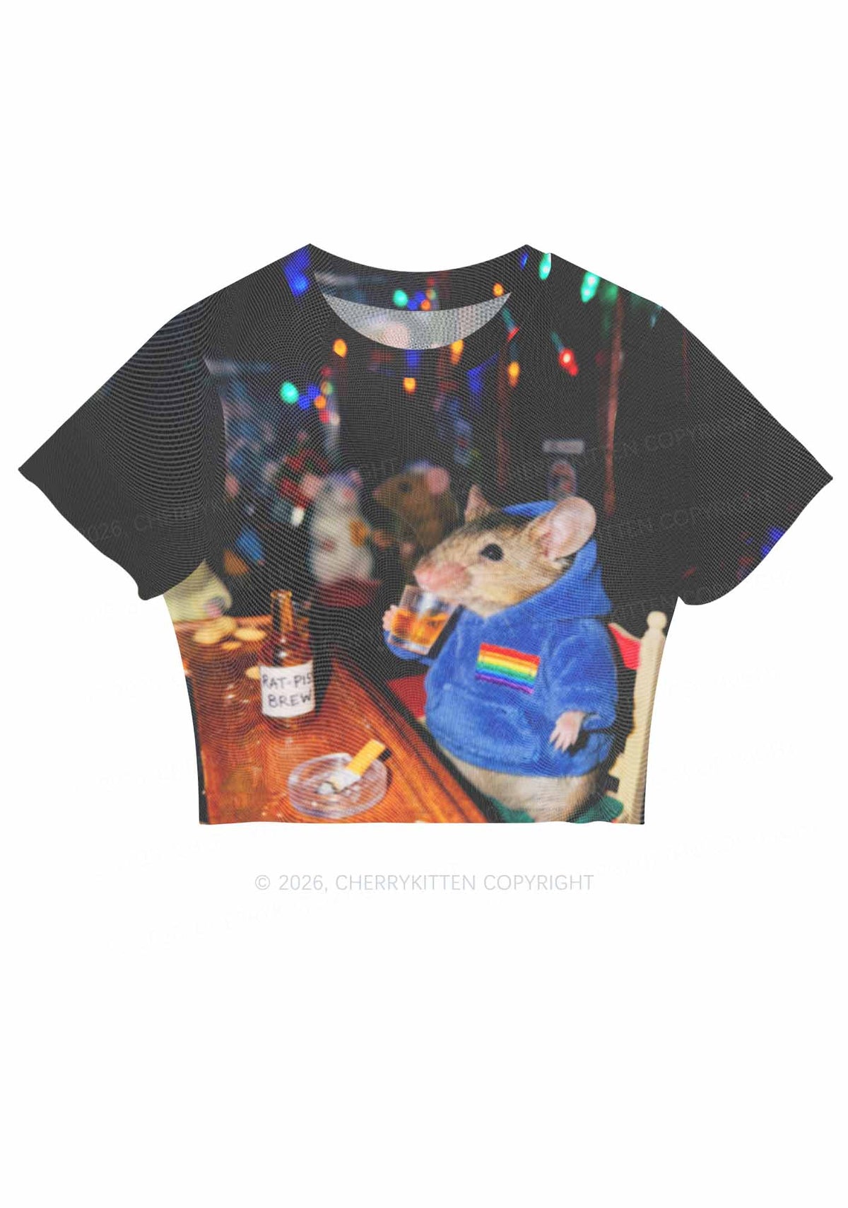 Blue Hoodie Rat Drinking Pride Y2K Mesh Crop Top Cherrykitten