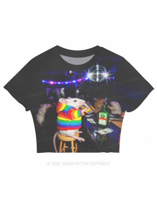 Rainbow Hoodie Rat Drinking Pride Y2K Mesh Crop Top Cherrykitten
