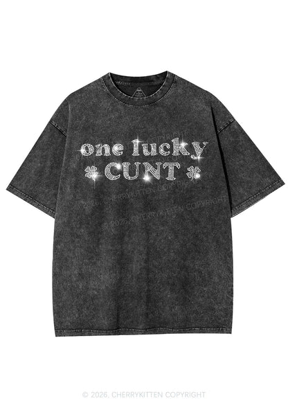 Rhinestone One Lucky Cxxt St Patricks Y2K Shirts Washed Tee Cherrykitten