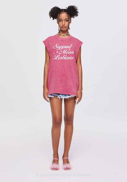 Support Mean Leabians Pride Y2K Washed Muscle Tank Cherrykitten