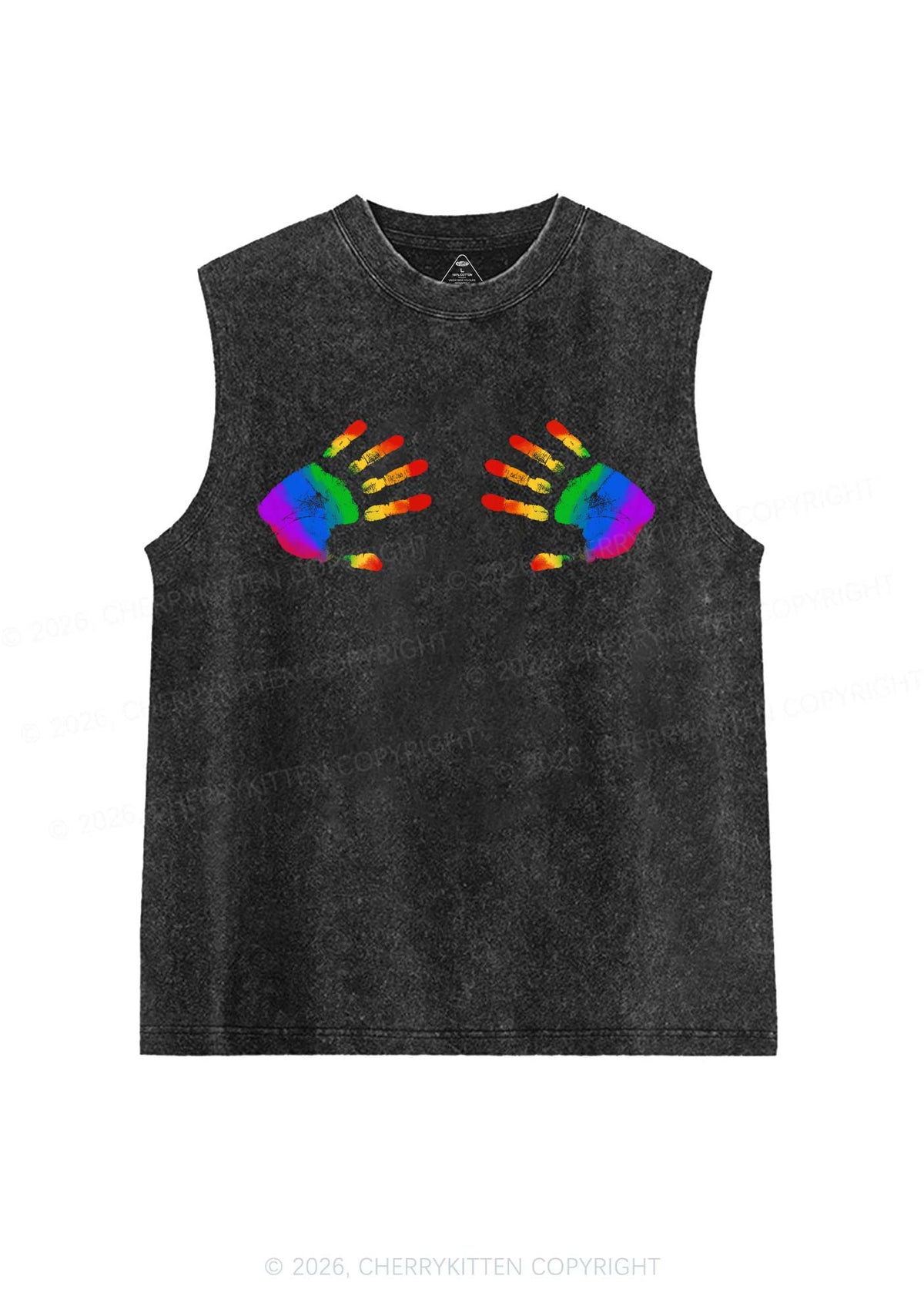 Rainbow Handprint Pride Y2K Washed Muscle Tank Cherrykitten