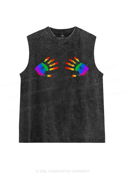 Rainbow Handprint Pride Y2K Washed Muscle Tank Cherrykitten