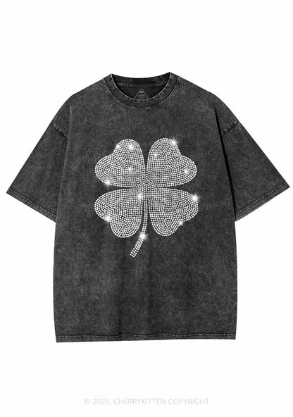 Rhinestone Four Leaf Clover St Patricks Y2K Shirts Washed Tee Cherrykitten