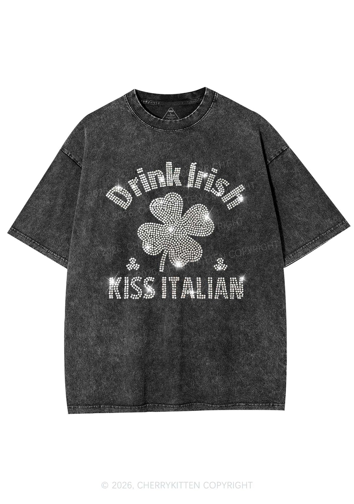 Rhinestone Drink Irish Kiss Italian St Patricks Y2K Shirts Washed Tee Cherrykitten