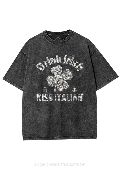 Rhinestone Drink Irish Kiss Italian St Patricks Y2K Shirts Washed Tee Cherrykitten