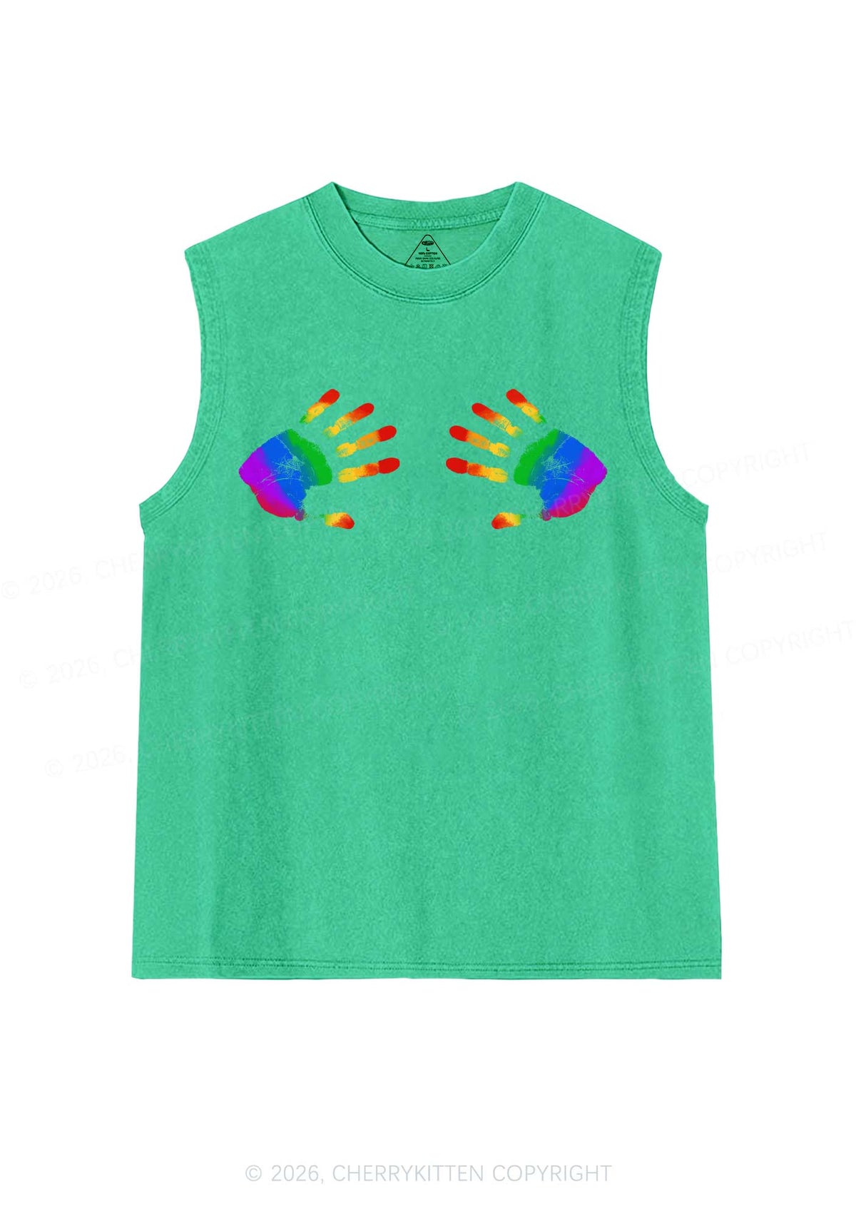 Rainbow Handprint Pride Y2K Washed Muscle Tank Cherrykitten