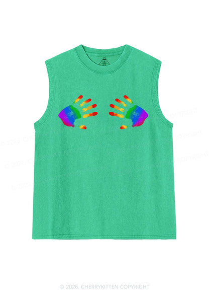 Rainbow Handprint Pride Y2K Washed Muscle Tank Cherrykitten