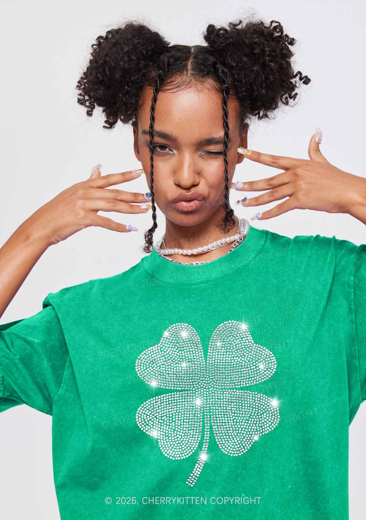 Rhinestone Four Leaf Clover St Patricks Y2K Shirts Washed Tee Cherrykitten