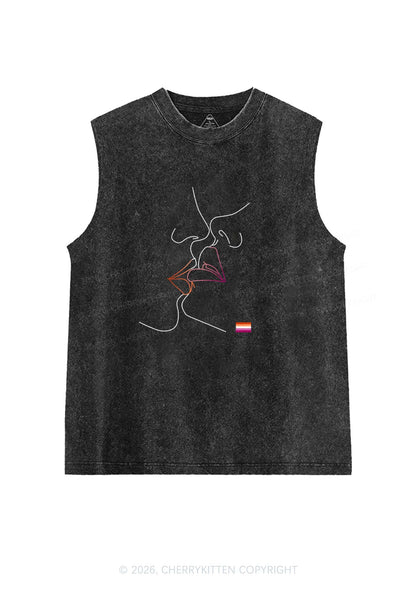 Lesbian Kiss Pride Y2K Washed Muscle Tank Cherrykitten