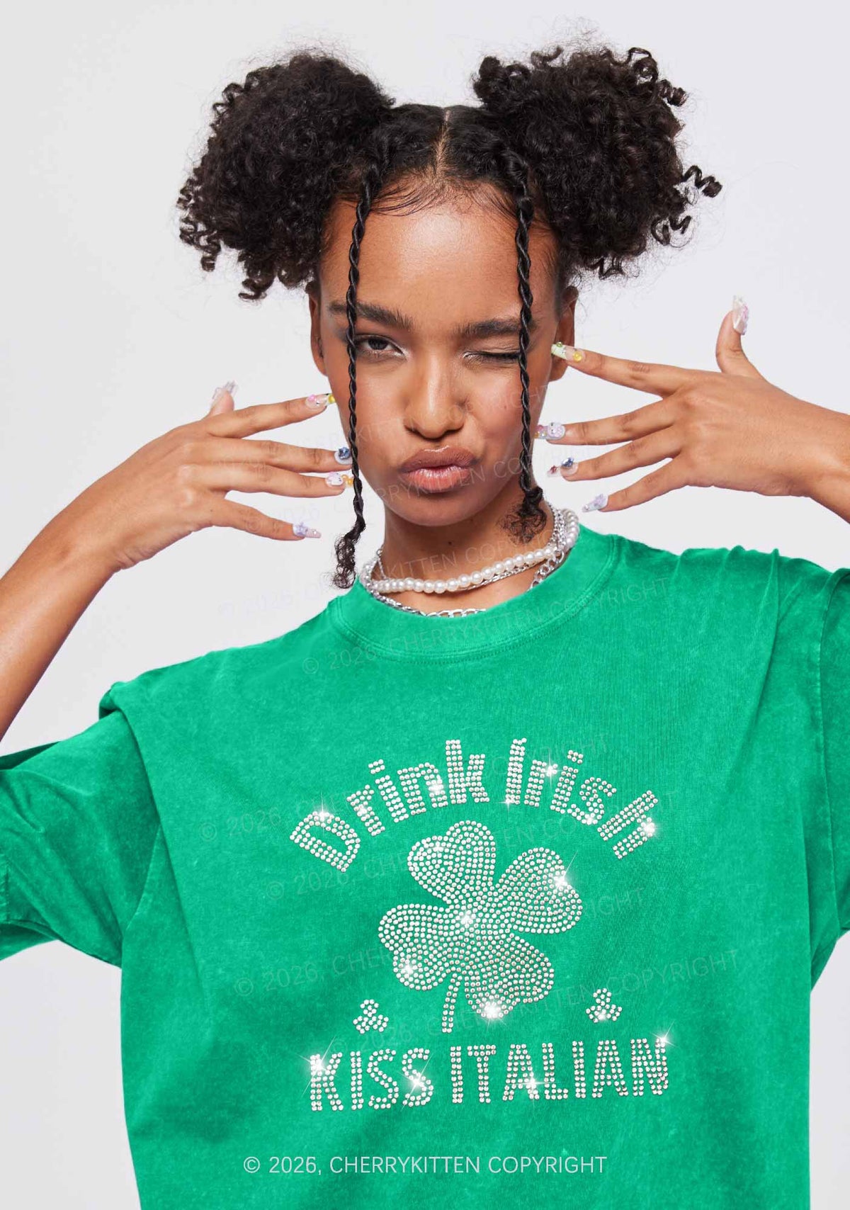 Rhinestone Drink Irish Kiss Italian St Patricks Y2K Shirts Washed Tee Cherrykitten