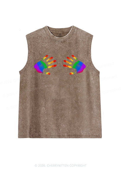 Rainbow Handprint Pride Y2K Washed Muscle Tank Cherrykitten