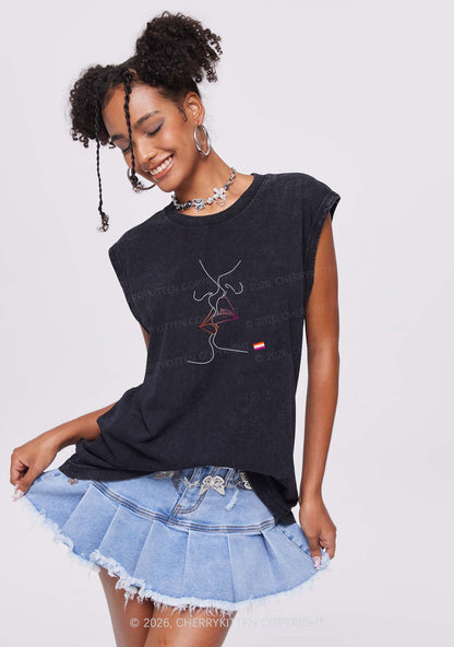Lesbian Kiss Pride Y2K Washed Muscle Tank Cherrykitten