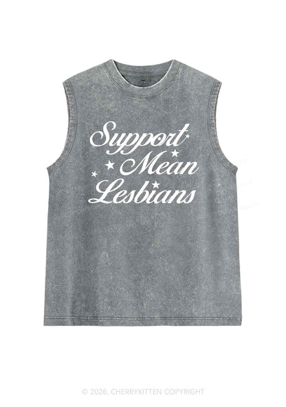 Support Mean Leabians Pride Y2K Washed Muscle Tank Cherrykitten