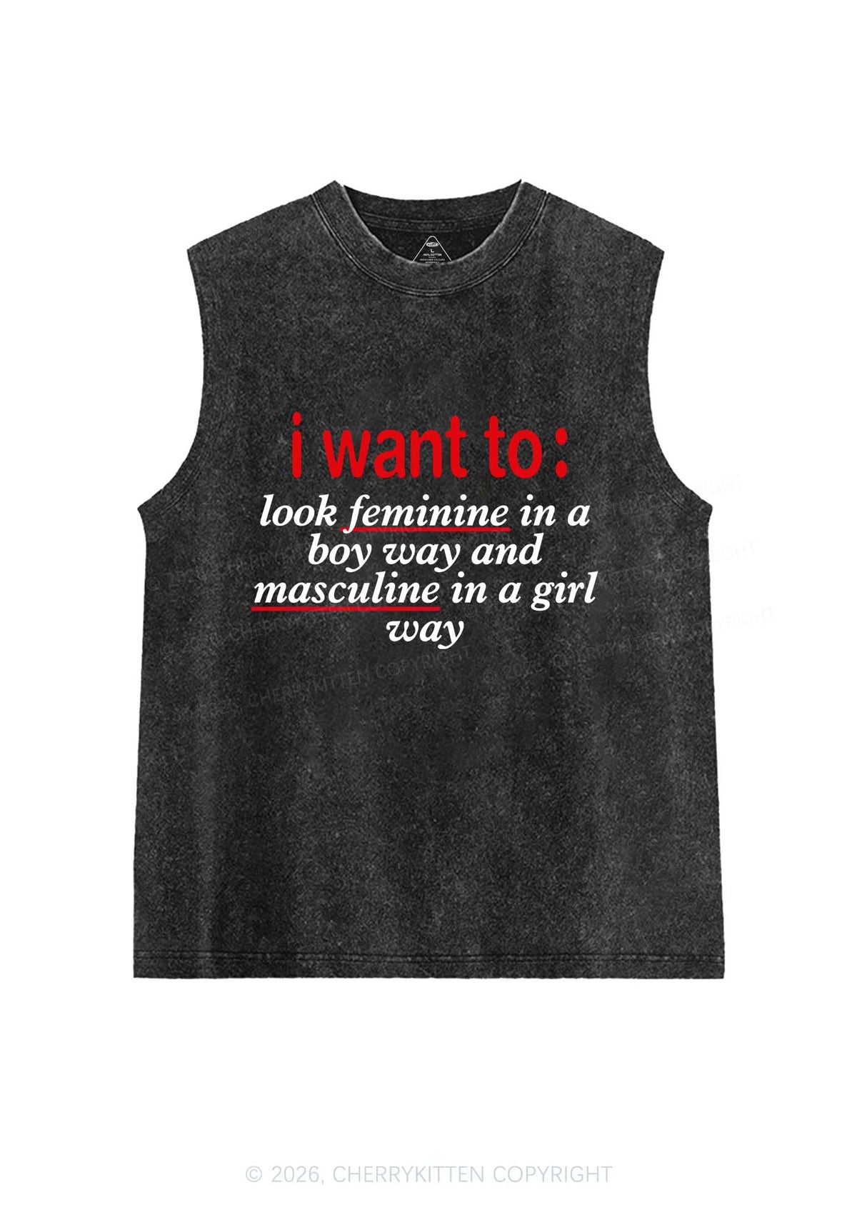 I Want To Feminine Masculine Pride Y2K Washed Muscle Tank Cherrykitten