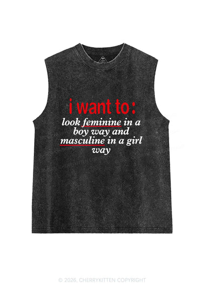 I Want To Feminine Masculine Pride Y2K Washed Muscle Tank Cherrykitten