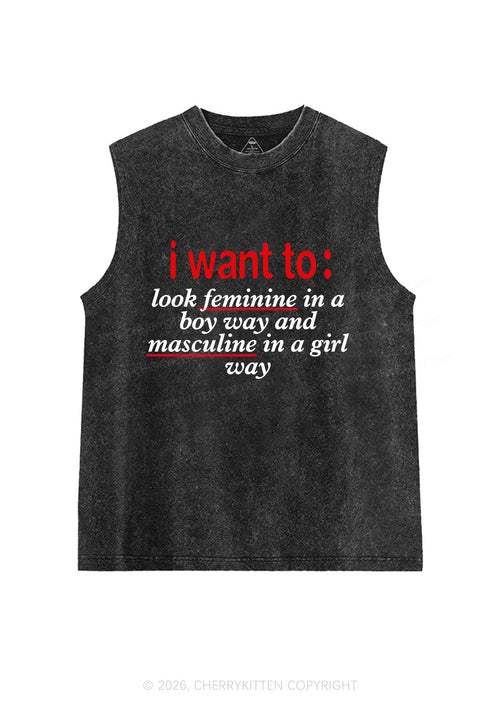 I Want To Feminine Masculine Pride Y2K Washed Muscle Tank Cherrykitten