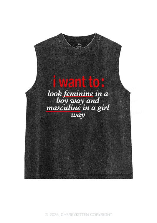 I Want To Feminine Masculine Pride Y2K Washed Muscle Tank Cherrykitten