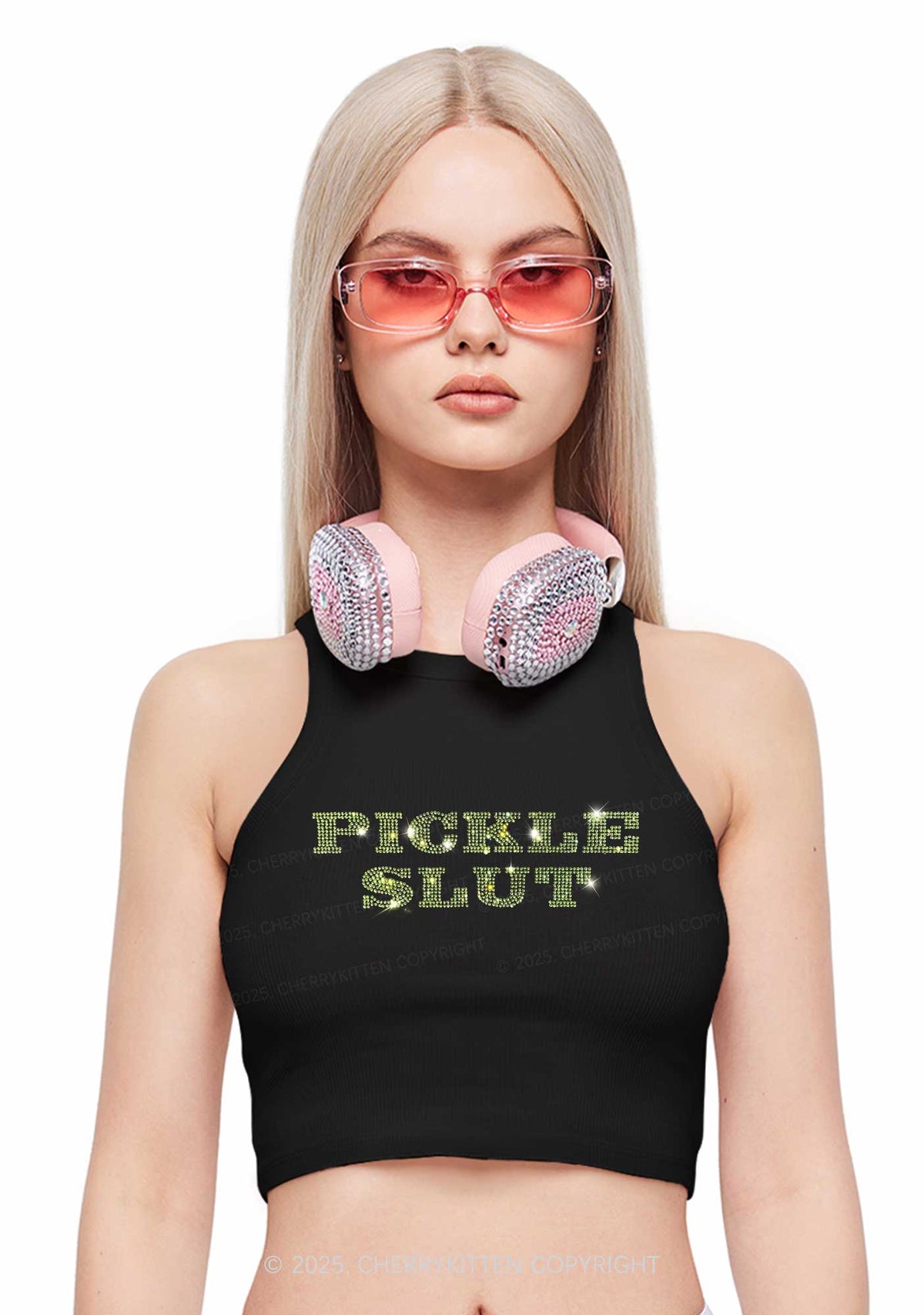 Rhinestone Pickle Slxt Y2K Crop Tank Top Cherrykitten