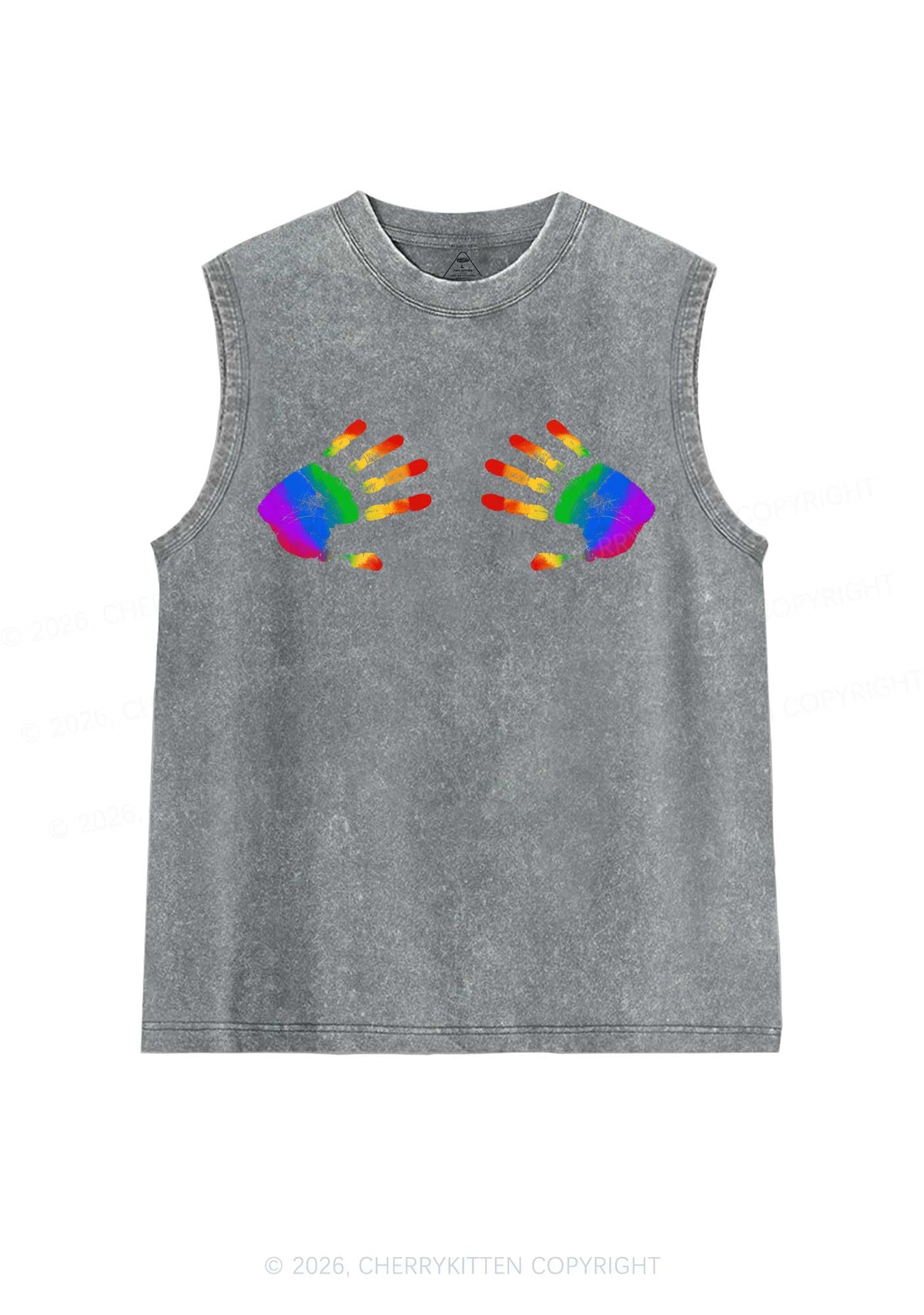 Rainbow Handprint Pride Y2K Washed Muscle Tank Cherrykitten