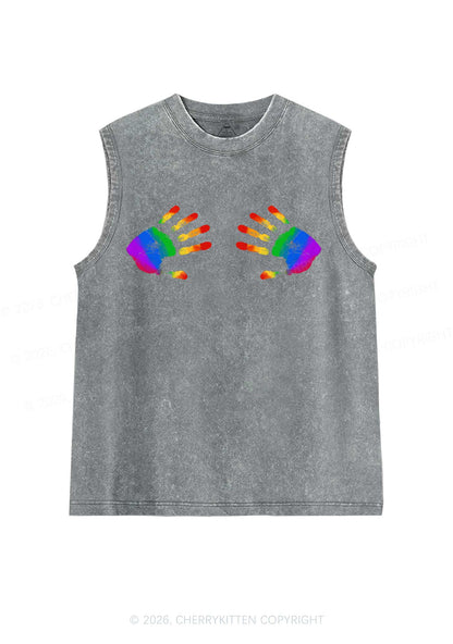 Rainbow Handprint Pride Y2K Washed Muscle Tank Cherrykitten