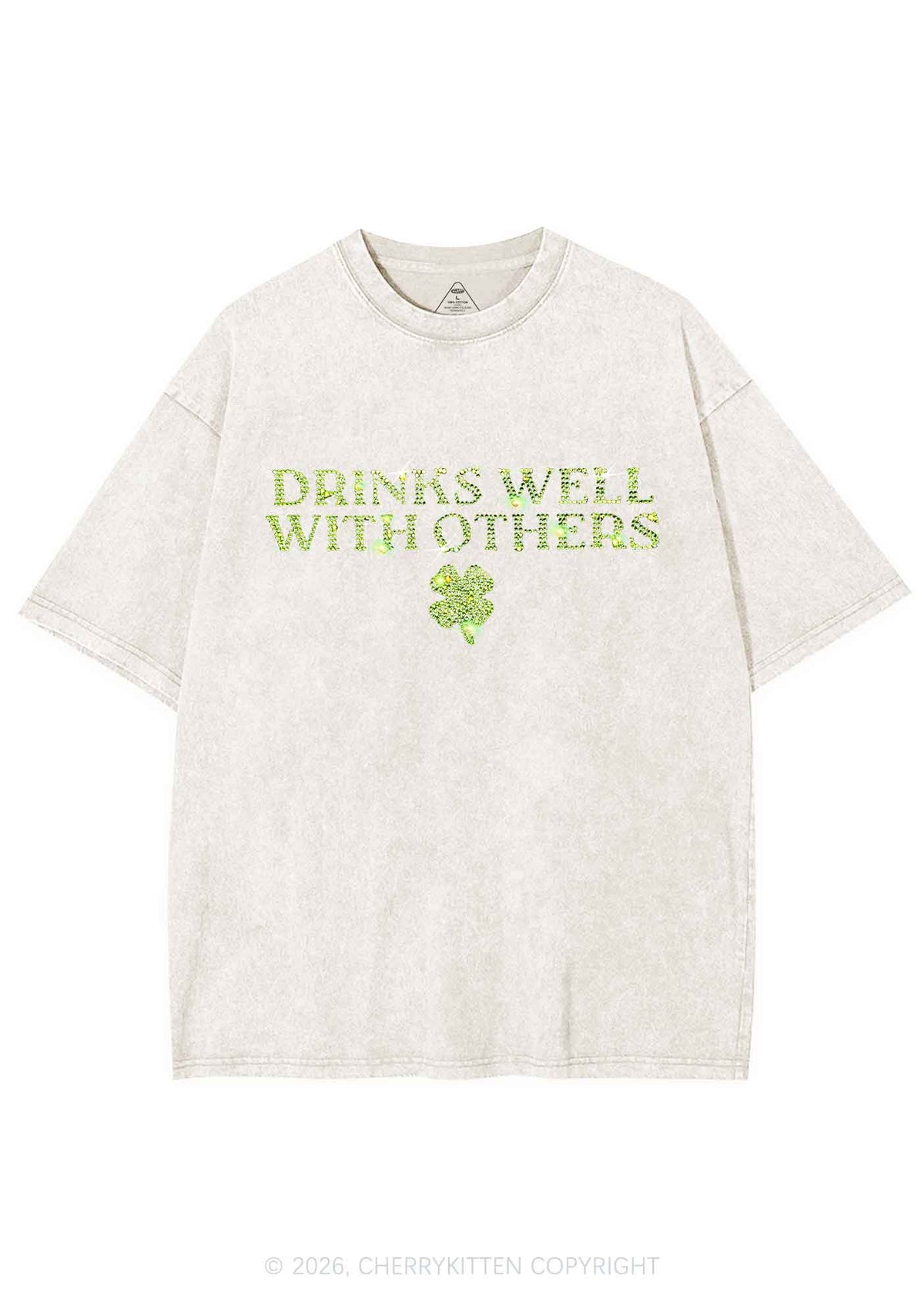 Rhinestone Drinks Well With Others St Patricks Y2K Shirts Washed Tee Cherrykitten