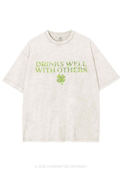 Rhinestone Drinks Well With Others St Patricks Y2K Shirts Washed Tee Cherrykitten