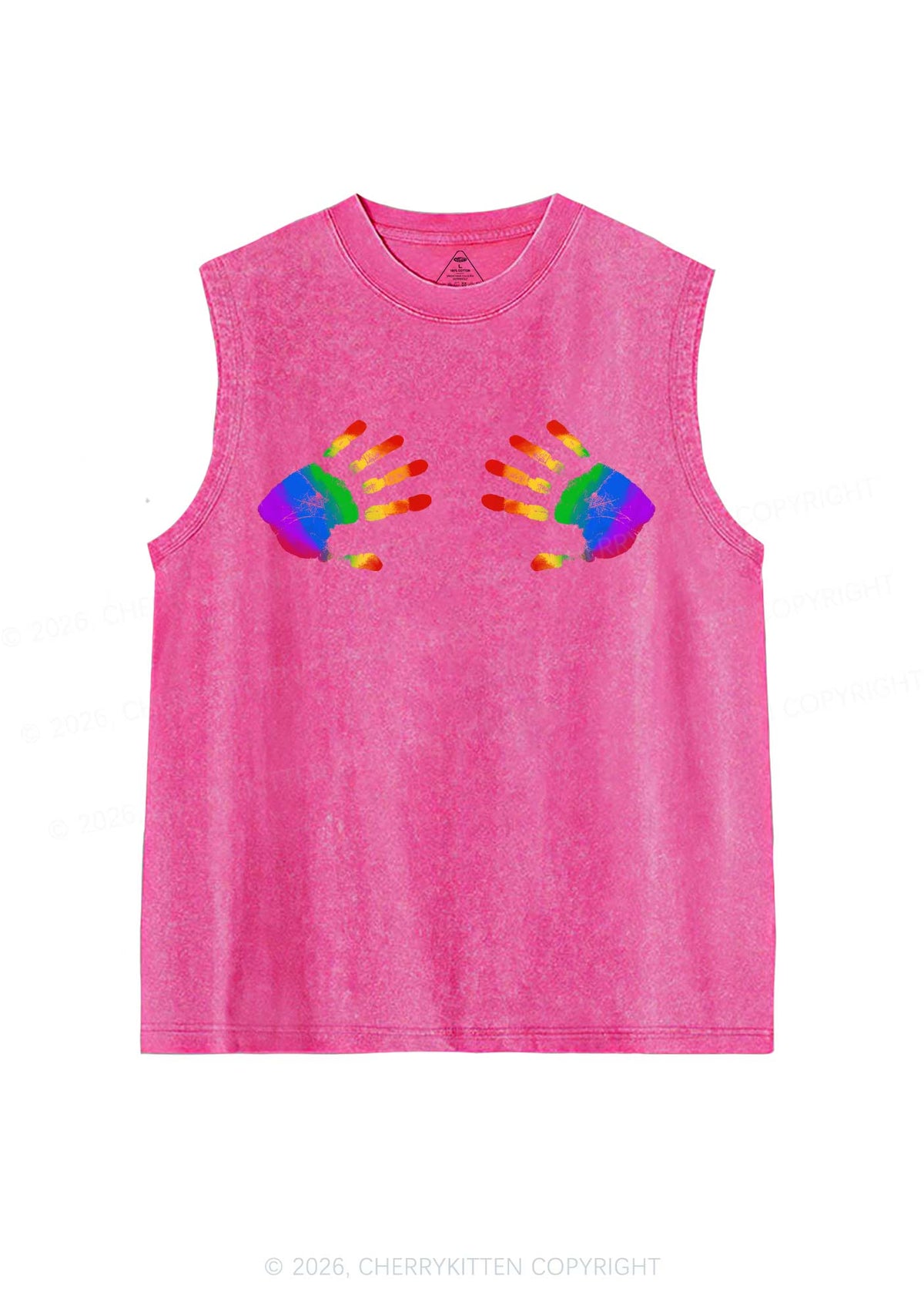 Rainbow Handprint Pride Y2K Washed Muscle Tank Cherrykitten