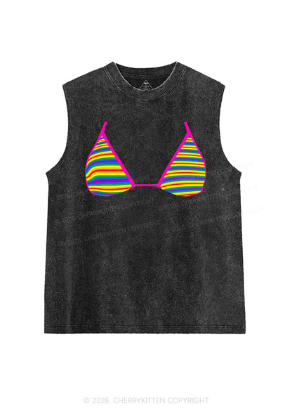 Rainbow Stripe Bra Pride Y2K Washed Muscle Tank Cherrykitten