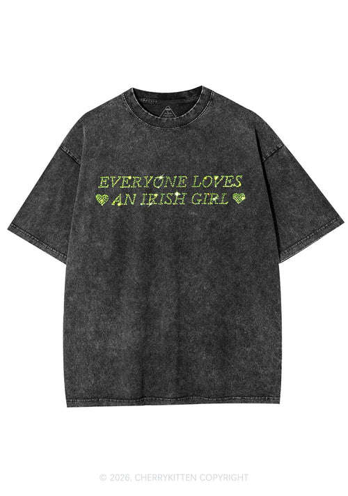 Rhinestone Everyone Loves Irish Girl St Patricks Y2K Shirts Washed Tee Cherrykitten