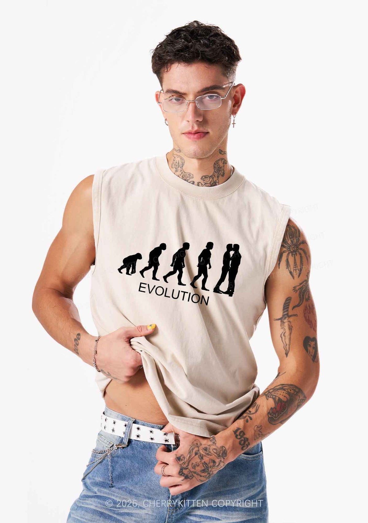 Gay Evolution Pride Y2K Washed Muscle Tank Cherrykitten
