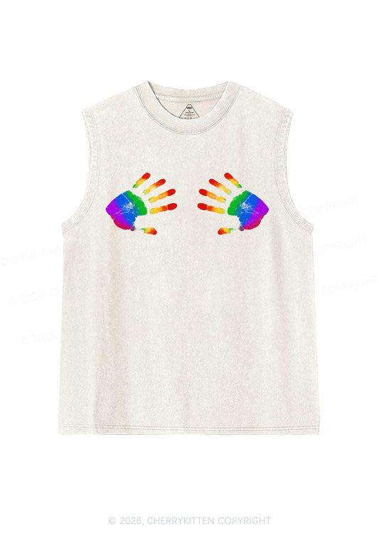 Rainbow Handprint Pride Y2K Washed Muscle Tank Cherrykitten