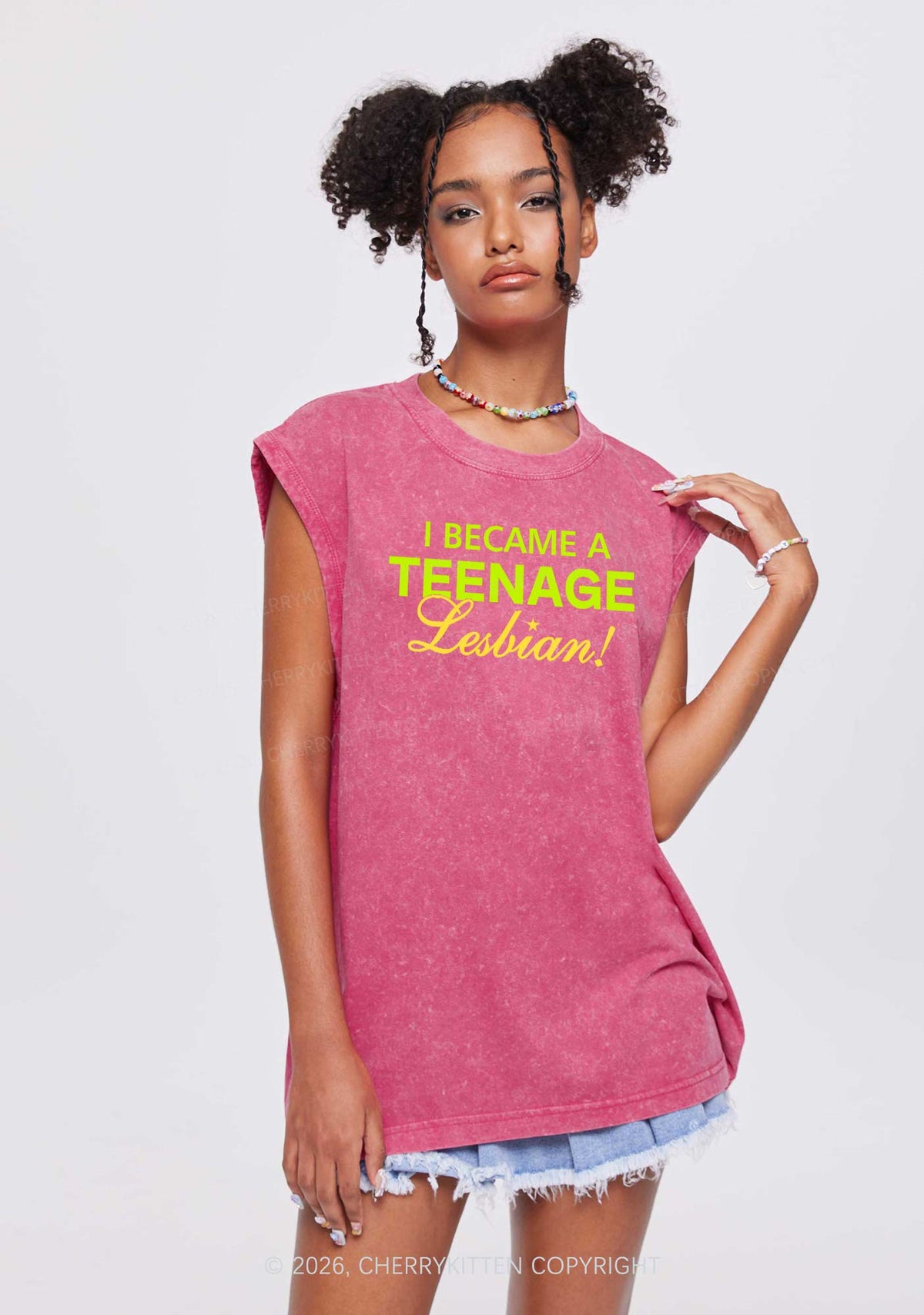 I Became A Teenage Lesbian Pride Y2K Washed Muscle Tank Cherrykitten
