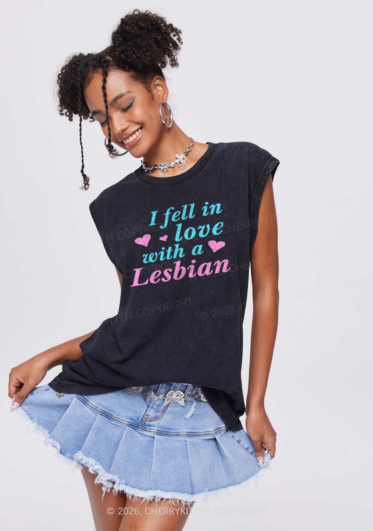 I Fell In Love With Lesbian Pride Y2K Washed Muscle Tank Cherrykitten