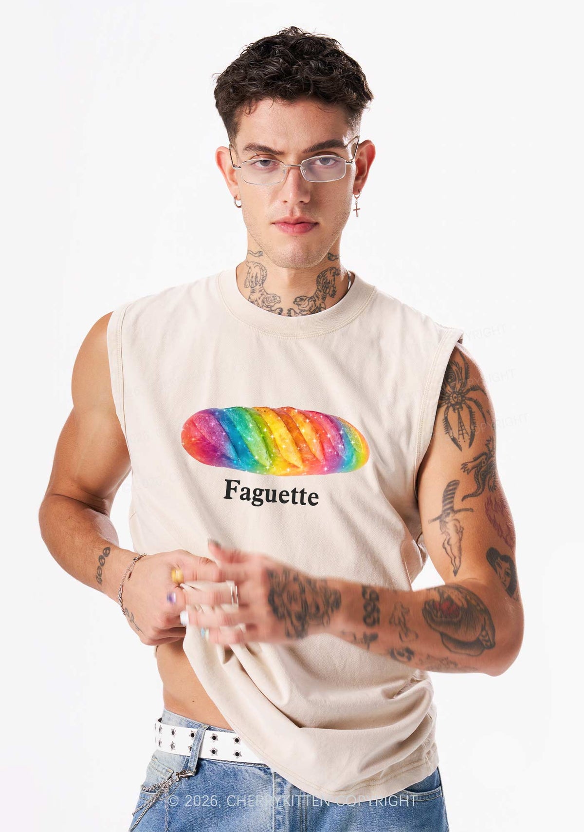 Rainbow Faguette Pride Y2K Washed Muscle Tank Cherrykitten