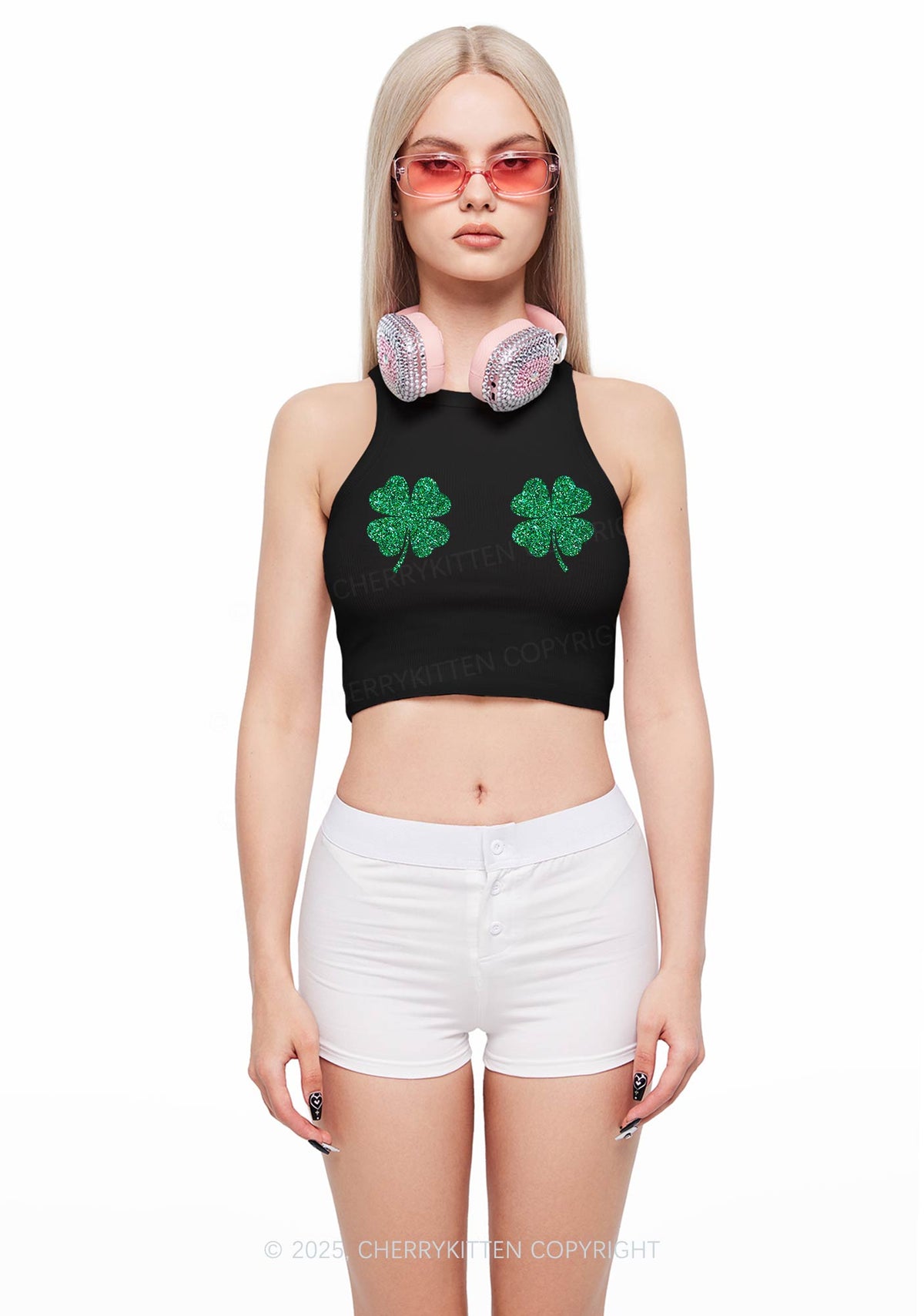 Glitter Four Leaf Clover Y2K Crop Tank Top Cherrykitten
