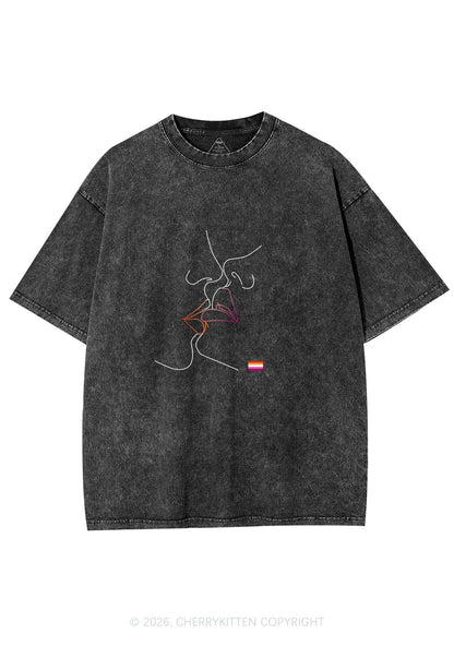 Lesbian Kiss Pride Y2K Shirts Washed Tee Cherrykitten