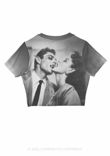Halloween Vampire Couple Y2K Mesh Crop Top Cherrykitten