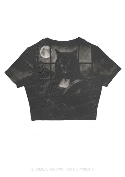 Halloween Moon Night Werewolf Y2K Mesh Crop Top Cherrykitten
