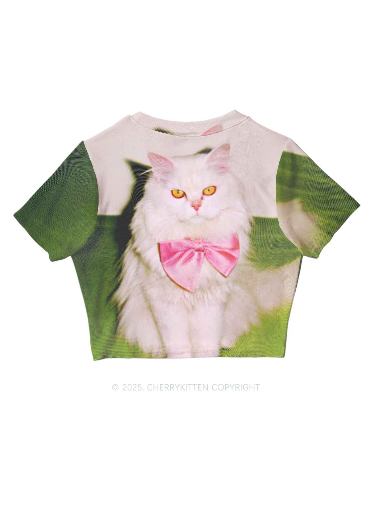 Pink Bow Cat Y2K Mesh Crop Top Cherrykitten
