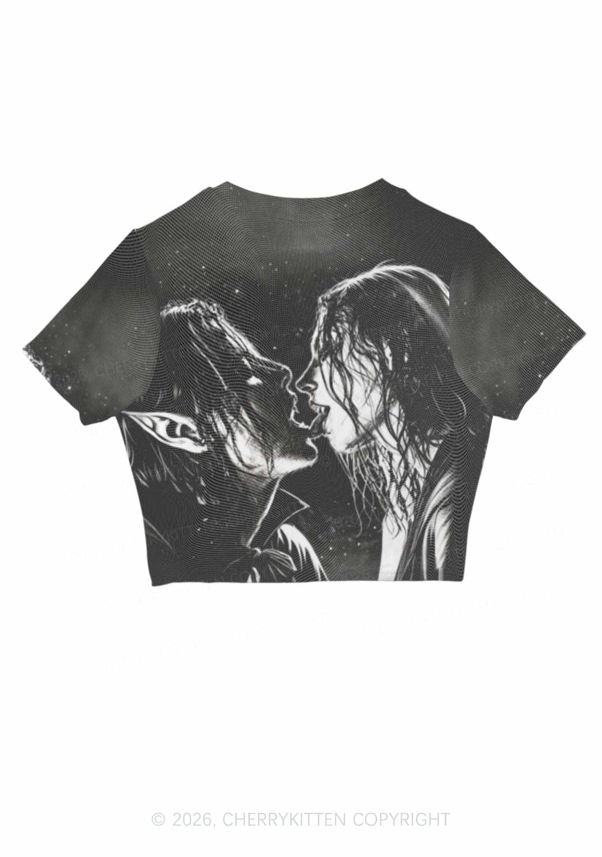 Halloween Two Vampire Figures Y2K Mesh Crop Top Cherrykitten